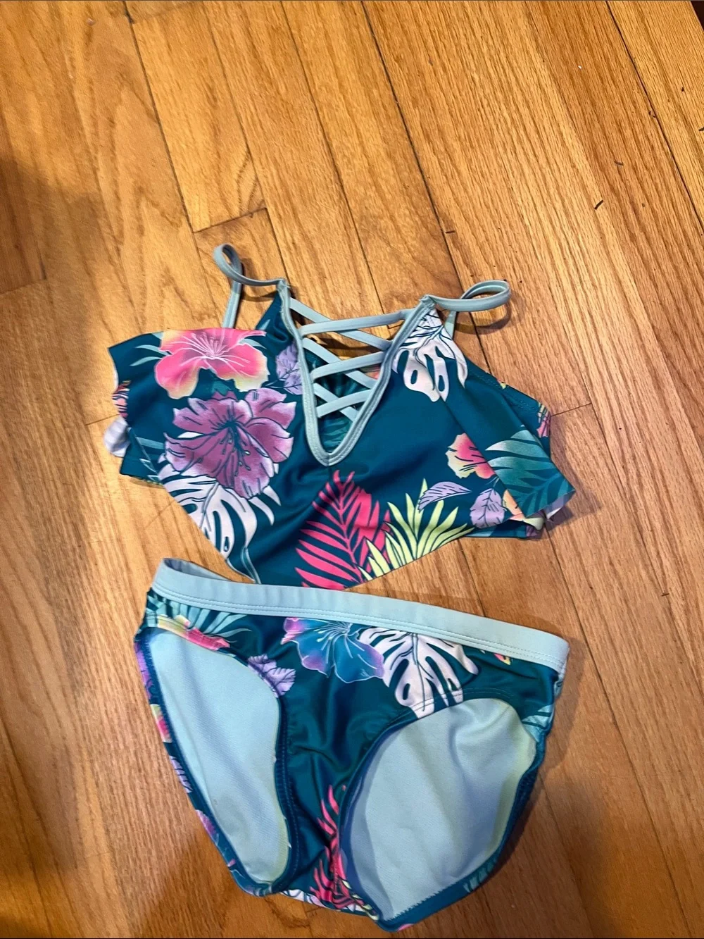 Tropical Floral Two-Piece Bikini Set - Teal Pink Lime